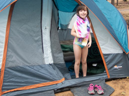 It wet and cold but Jeralyn has her swimsuit on for a hike to the Falls on Sand Creek.