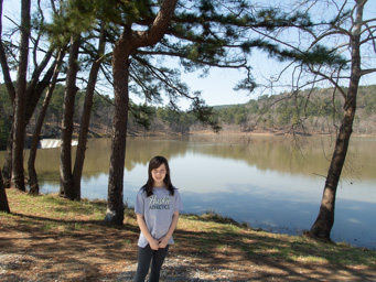 Jerlayn at our Yurt site. That's Lake Carlton behind her with the Carlton Dam dopping away to the left.