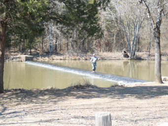 Trout fisherman on the dam on Fourche Maline Creek.